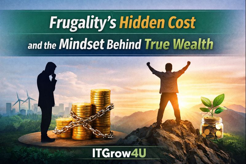 Visual representation of Frugality's Hidden Cost showing money mindset, financial psychology, and wealth-building strategies, branded with ITGrow4U.