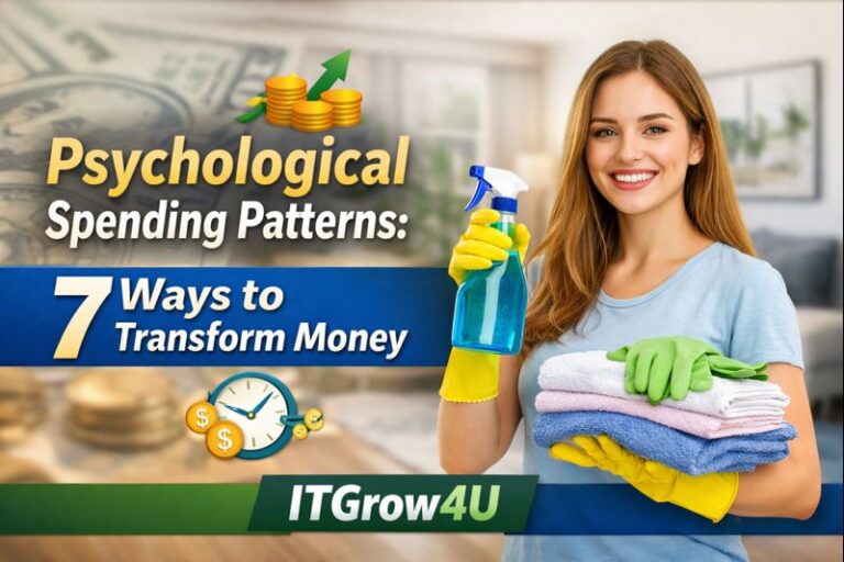 Smiling woman holding cleaning supplies with folded towels representing financial organization, ITGrow4U – Psychological Spending Patterns: 7 Ways to Transform Money