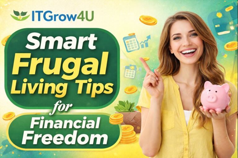 Smiling woman holding a piggy bank with icons representing smart frugal living tips for financial freedom – ITGrow4U.