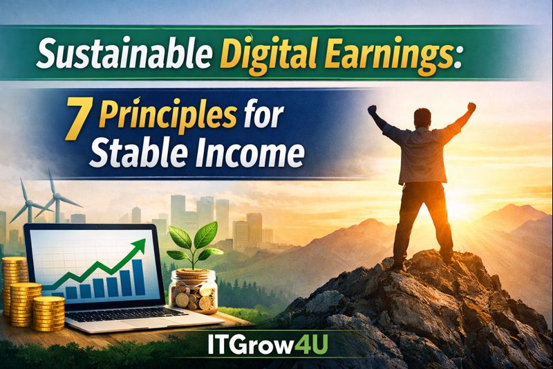 Sustainable Digital Earnings concept showing stable online income growth, balance, automation, and long-term financial security by ITGrow4U.
