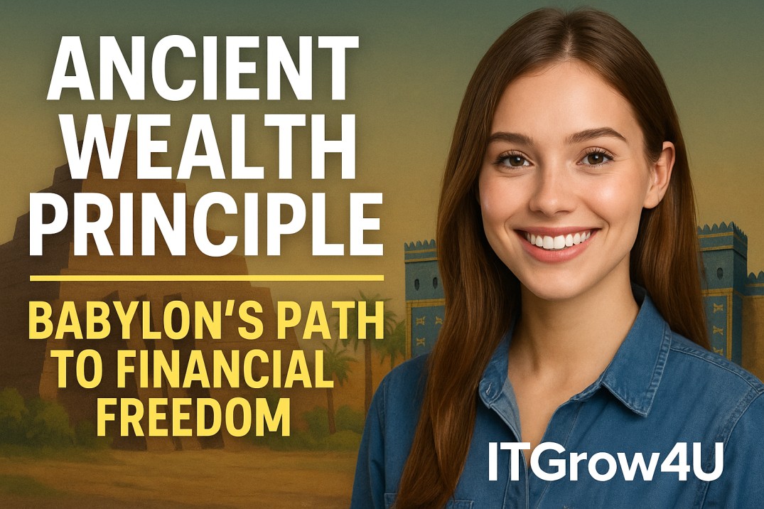 Smiling woman with text Ancient Wealth Principle by ITGrow4U
