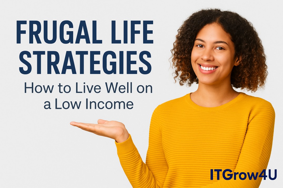 Frugal Life Strategies illustration showing a smiling woman presenting tips on how to live well on a low income.