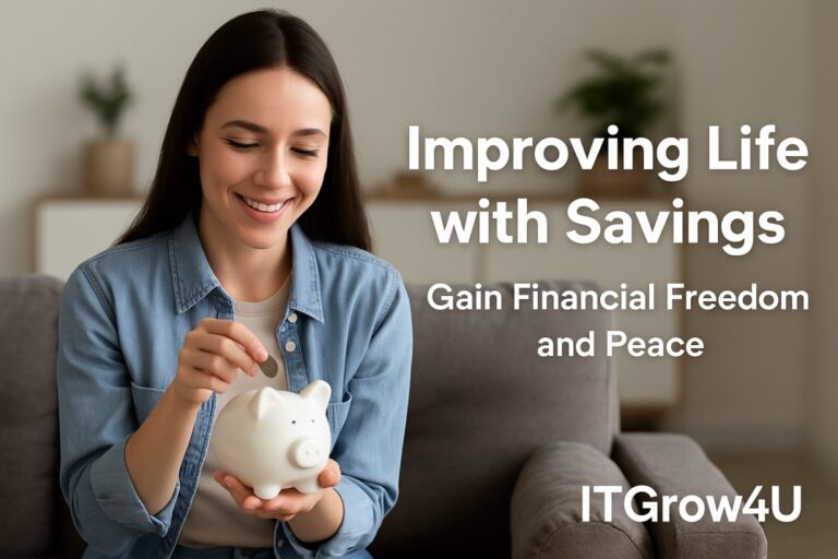 Improving Life with Savings concept showing a woman adding coins to a piggy bank to build financial freedom and long-term security