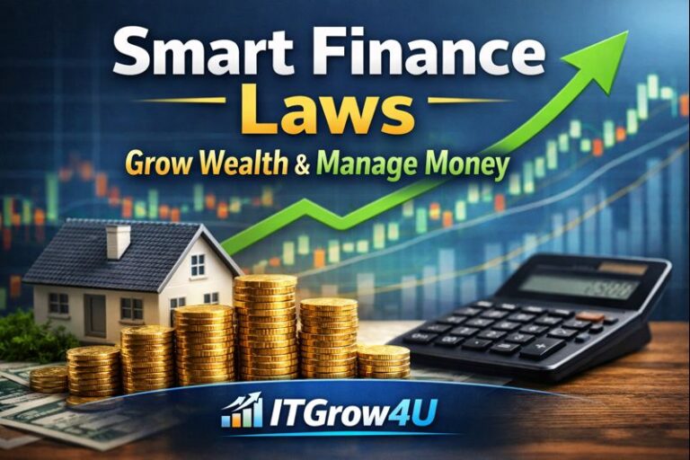 Smart Finance Laws with coins, charts, and calculator representing wealth growth by ITGrow4U.