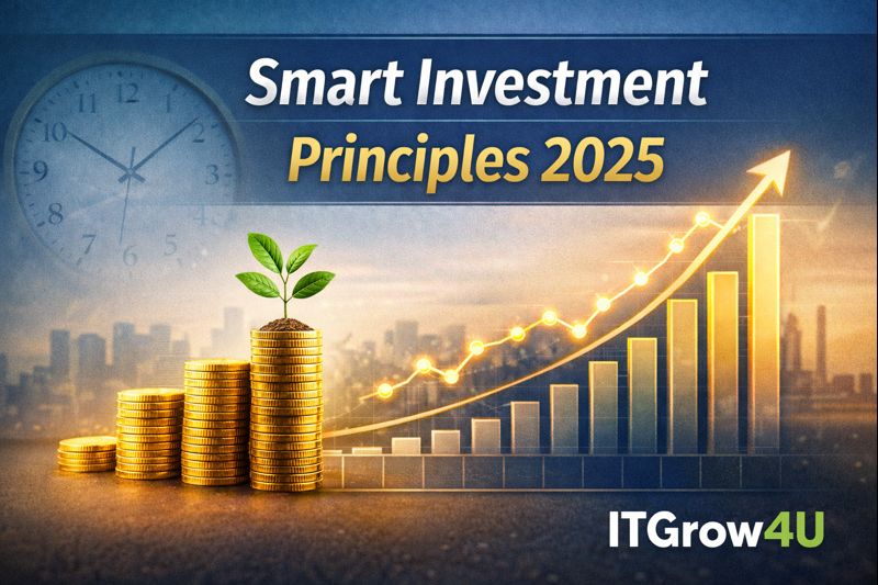 Stacked gold coins with a sprouting plant and upward graph representing Smart Investment Principles 2025, financial growth, and wealth-building strategies with ITGrow4U.