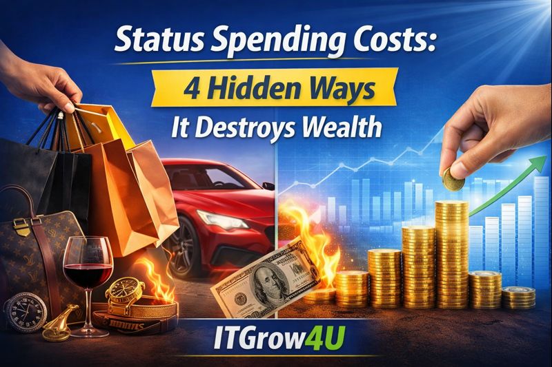 Status Spending Costs illustrated through luxury purchases versus smart investing, showing how lifestyle choices impact long-term wealth growth.