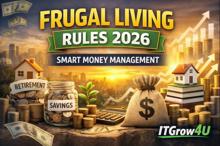 Frugal Living Rules 2026 thumbnail showing smart money habits, savings, investing, and financial growth by ITGrow4U