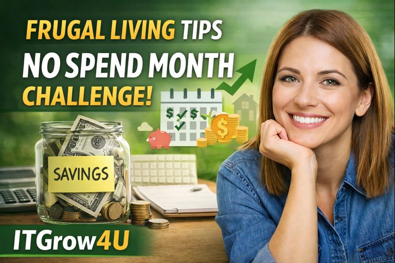 Frugal living tips thumbnail showing a smiling professional woman with savings jar and no spend month budgeting visuals by ITGrow4U