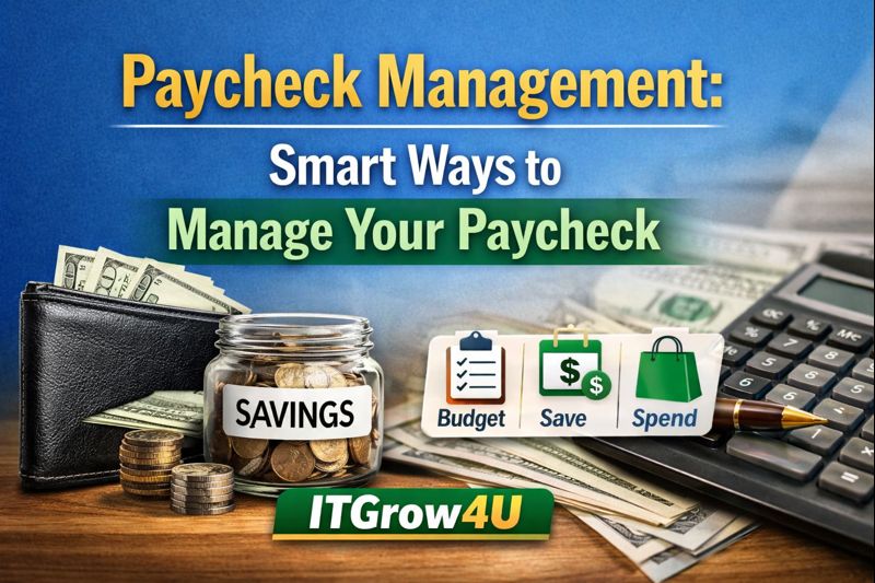 Paycheck management strategies showing budgeting, saving, and smart spending for financial stability by ITGrow4U
