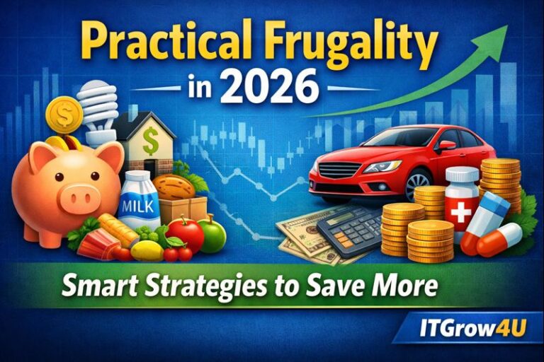Practical Frugality in 2026 showing smart saving strategies for utilities, food, healthcare, transportation, and everyday expenses by ITGrow4U.