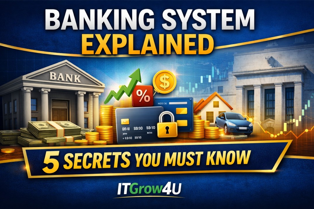 Banking System Explained thumbnail showing bank, money, credit cards, interest rates, and financial growth concepts by ITGrow4U.
