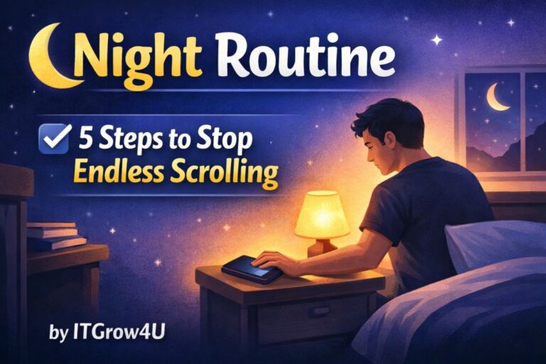 Night Routine 5 Steps That Finally Stopped My Endless Scrolling – Person putting phone down before bed with calm night scene by ITGrow4U.