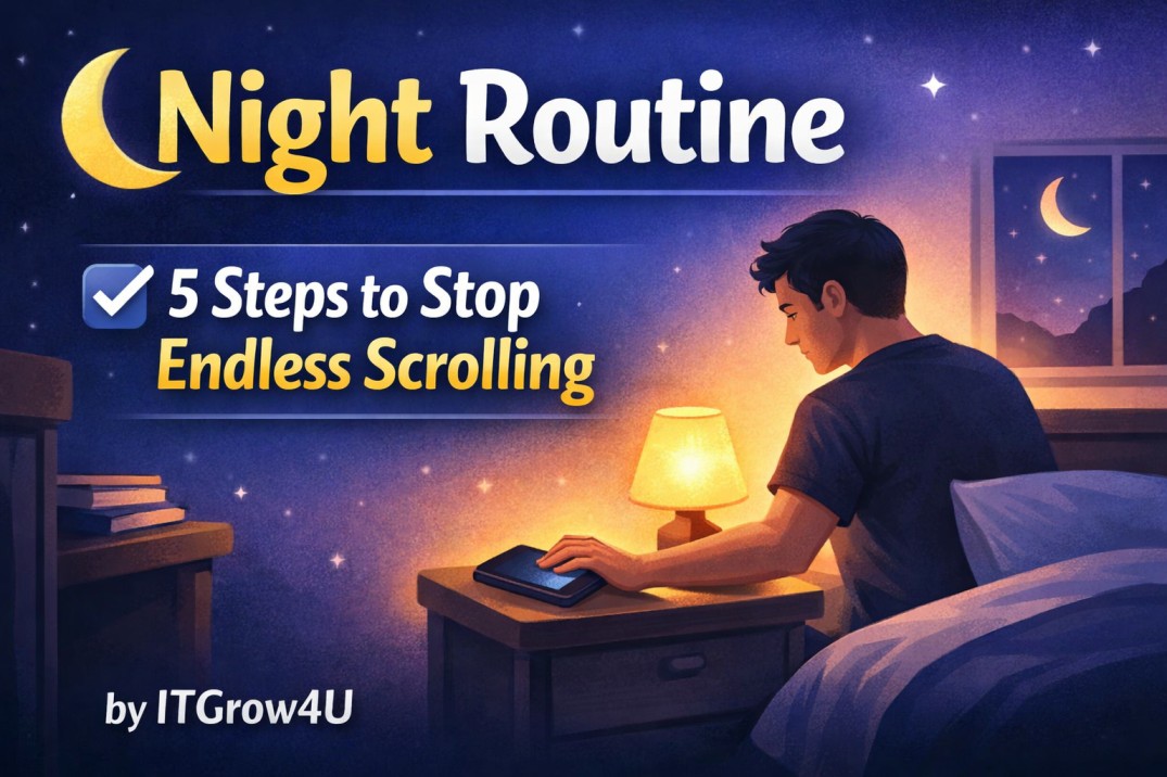 Night Routine 5 Steps That Finally Stopped My Endless Scrolling – Person putting phone down before bed with calm night scene by ITGrow4U.