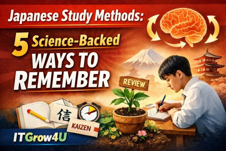 Student using Japanese Study Methods for memory improvement, active recall, spaced repetition, and focused learning techniques.