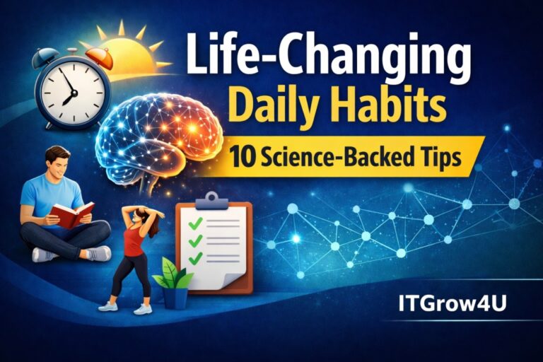 Life-Changing Daily Habits with 10 science-backed tips, brain illustration, checklist, and morning routine concept by ITGrow4U.