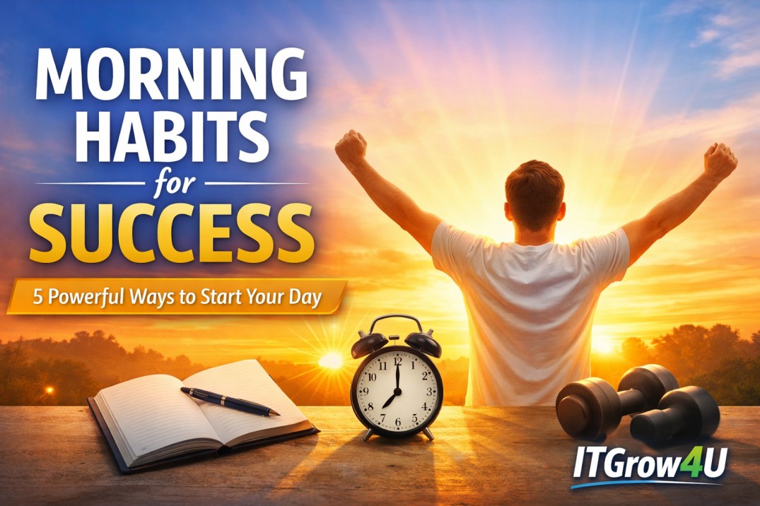 Morning Habits for Success with sunrise, person stretching, notebook, alarm clock, and dumbbells for productivity – ITGrow4U.