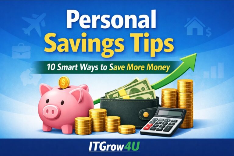 Personal Savings Tips showing coins, piggy bank, and wallet with ITGrow4U, highlighting ways to save money effectively.
