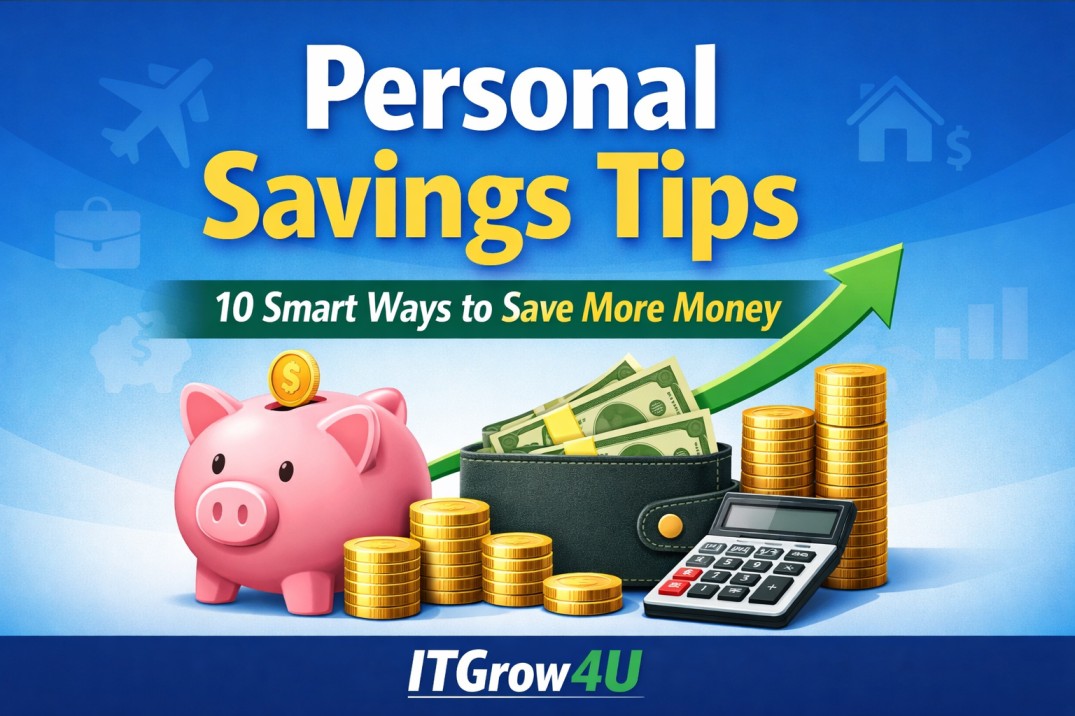 Personal Savings Tips showing coins, piggy bank, and wallet with ITGrow4U, highlighting ways to save money effectively.