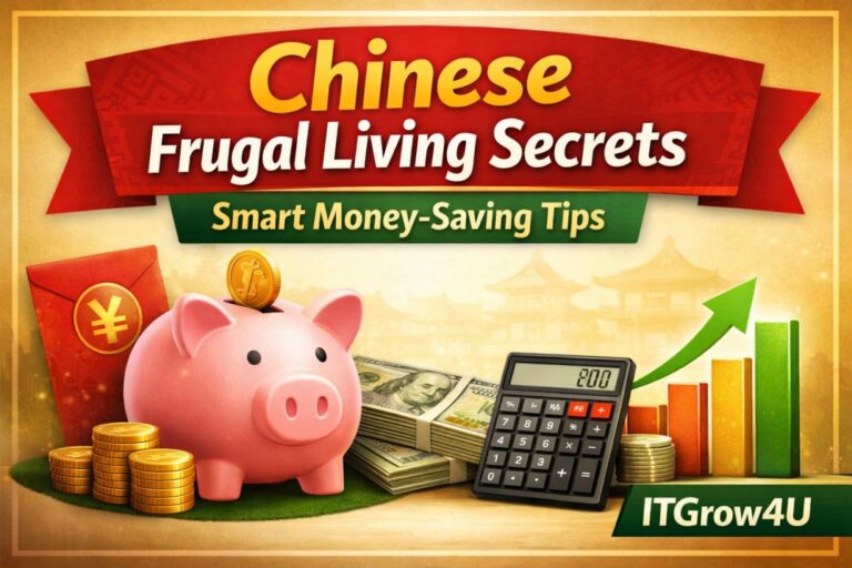 Chinese Frugal Living Secrets with piggy bank, calculator, and money-saving tips – ITGrow4U.