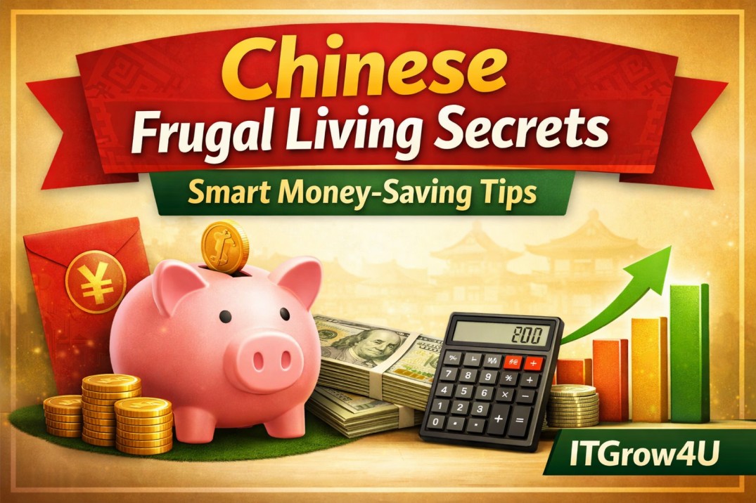 Chinese Frugal Living Secrets with piggy bank, calculator, and money-saving tips – ITGrow4U.