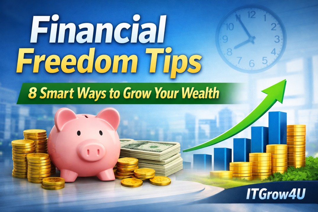 Financial Freedom Tips showing wealth growth with piggy bank, coins, and upward graph.