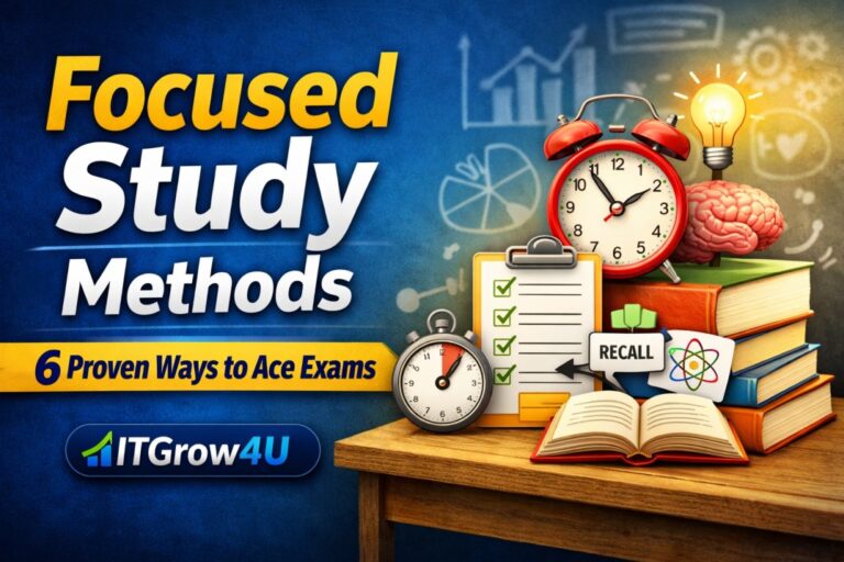 Focused Study Methods infographic showing 6 proven techniques to study smarter and improve exam performance.