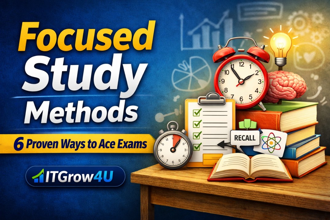 Focused Study Methods infographic showing 6 proven techniques to study smarter and improve exam performance.