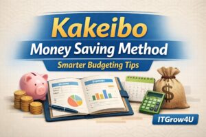 Kakeibo Money Saving Method for smarter budgeting with notebook, calculator, and savings icons from ITGrow4U.
