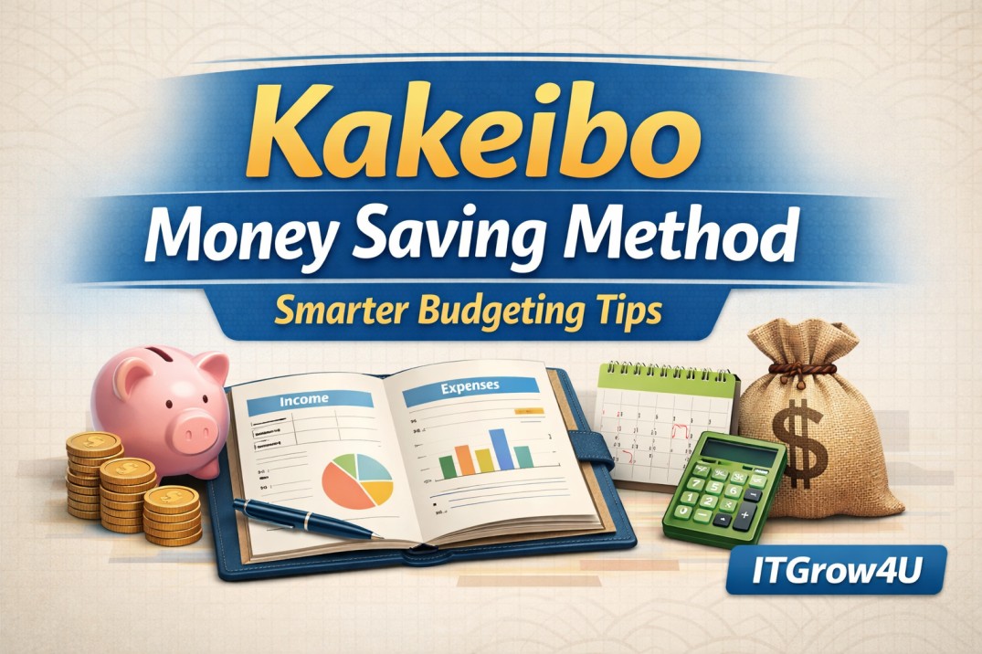 Kakeibo Money Saving Method for smarter budgeting with notebook, calculator, and savings icons from ITGrow4U.