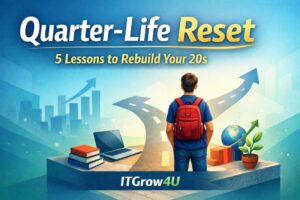 Quarter-Life Reset thumbnail showing a young adult at a crossroads with icons for skills, growth, and health, text 'Quarter-Life Reset: 5 Lessons to Rebuild Your 20s', ITGrow4U.