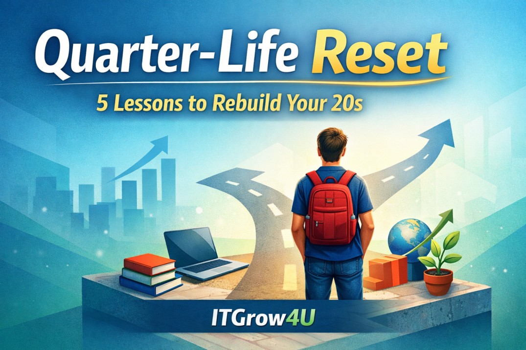 Quarter-Life Reset thumbnail showing a young adult at a crossroads with icons for skills, growth, and health, text 'Quarter-Life Reset: 5 Lessons to Rebuild Your 20s', ITGrow4U.