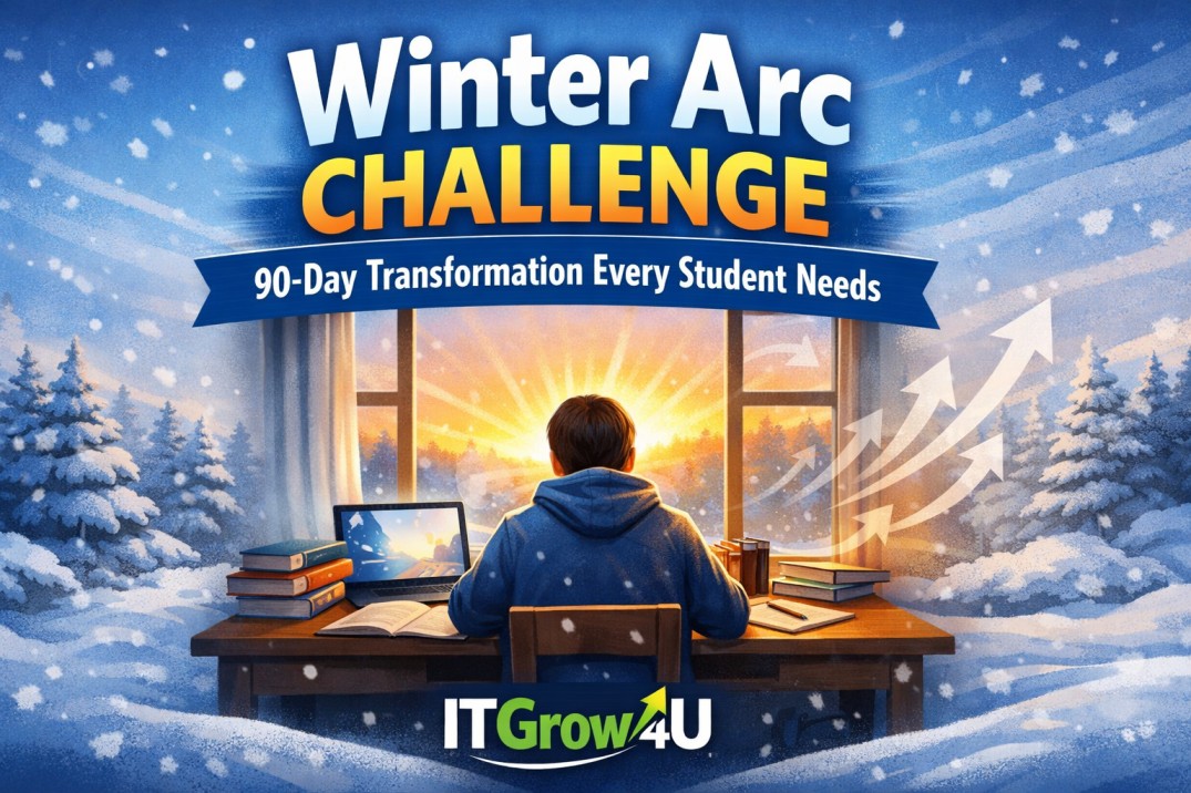 Winter Arc Challenge with student studying at desk, snow outside window, focus and discipline with ITGrow4U branding.